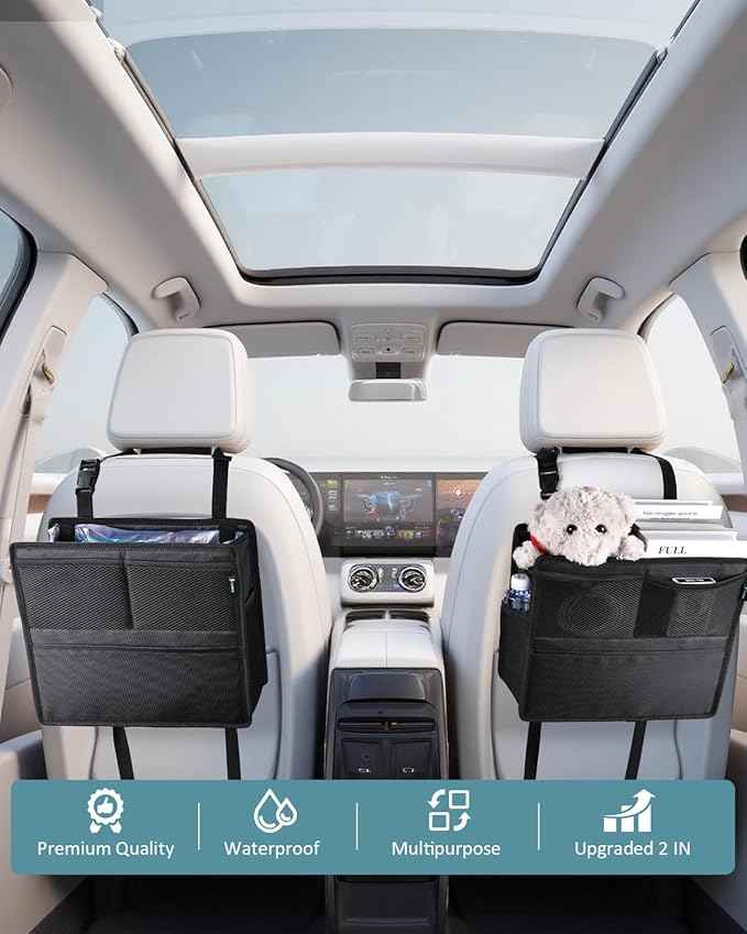 FLORICH 2 Pack Car Seat Organizer & Trash Can 2-in-1, Hanging Backseat Storage with 2 Strap Installation for SUV Truck Sedan