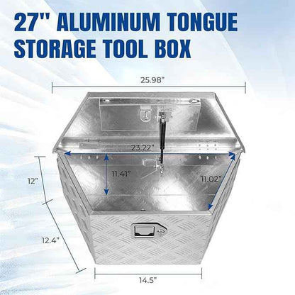YESHMA 27" x 13" x 13" Trailer Tongue Tool Box Heavy Duty Aluminum with Latch and Keys Trailer Toolbox Organizer Truck Underbody Box Compatible with Pick Up Truck Bed RV Trailer ATV Silver