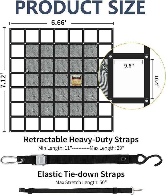 Tecoom Truck Bed Cargo Net, 7.12'x6.66' Heavy Duty for Pickup Truck Bed with Adjustable Cam Buckles, 4 S-Hooks, 2 Cross Strap, 1,500 lbs Capacity Accessory