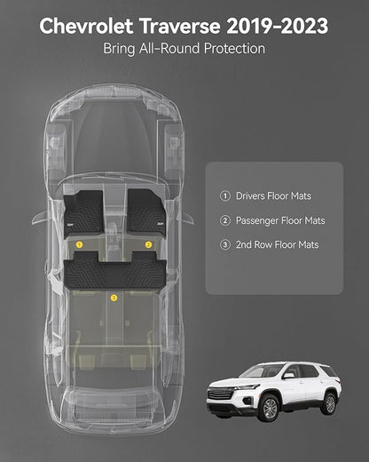 3W Floor Mats Custom Fit for Chevrolet Traverse 2018-2023, TPE All Weather Chevy Traverse Floor Liner 1st and 2nd Row Full Set Car Mats Accessories (ONLY for Bucket Seat 2-Row)