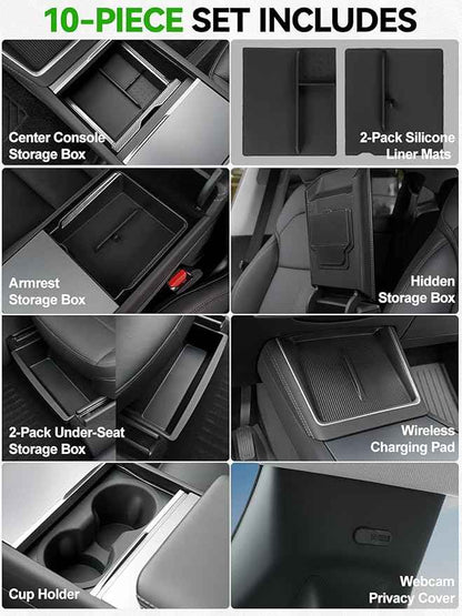 10PCS Center Console Organizer Tray for 2025 2026 Tesla Model Y Juniper Accessories, Under Seat Storage Armrest Hidden Storage Box Cup Holder Charger Pad for Tesla Model Y Juniper (Not fit Standard)