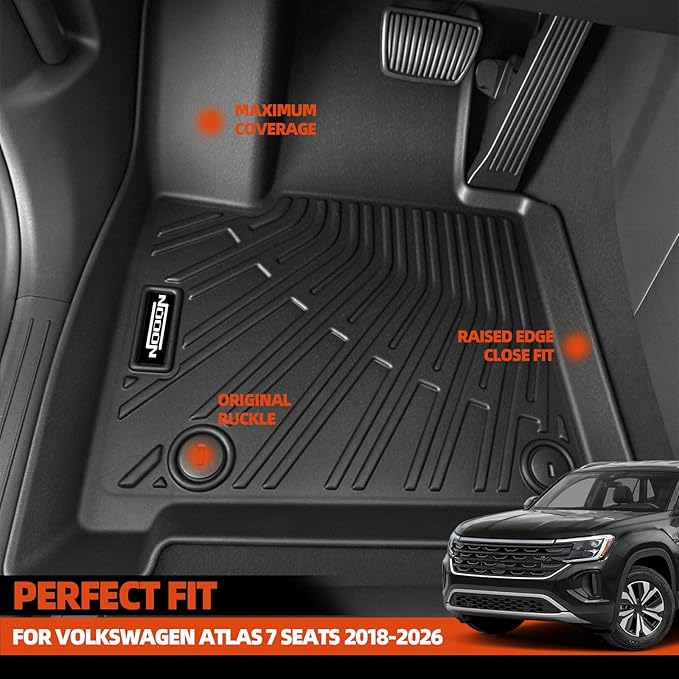 Custom Fit Floor Mats for Volkswagen Atlas 7 Seats 2018-2026, All Weather TPE Floor Liners with Trunk Mat & Backrest Protectors, Odorless Full Set Interior Accessories