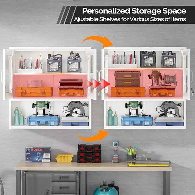 VINGLI Metal Wall Cabinet with Locking Glass Doors & Magnetic LED Sensor Light, Adjustable Shelf, Wall Mounted Storage Display Cabinets for Garage, Kitchen, Home Office, Warehouse, Living Room, White