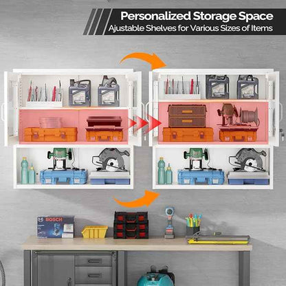 VINGLI Metal Wall Cabinet with Locking Glass Doors & Magnetic LED Sensor Light, Adjustable Shelf, Wall Mounted Storage Display Cabinets for Garage, Kitchen, Home Office, Warehouse, Living Room, White