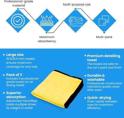 Microfiber Towels for Cars - 15.7" x 15.7" inches, Highly Absorbent Professional Grade Drying Towel Set for Superior Cleaning and Drying Performance - Car Drying & Kitchen Towel - Pack of 3
