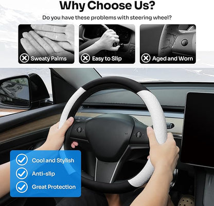 Steering Wheel Cover for 2016-2026 Telsa Model 3/Model Y Accessories (Fit New Model Y Juniper/Model 3 Highland), Leather Steering Wheel Cover Protector Anti-Slip, Comfortable Grip, Breathable