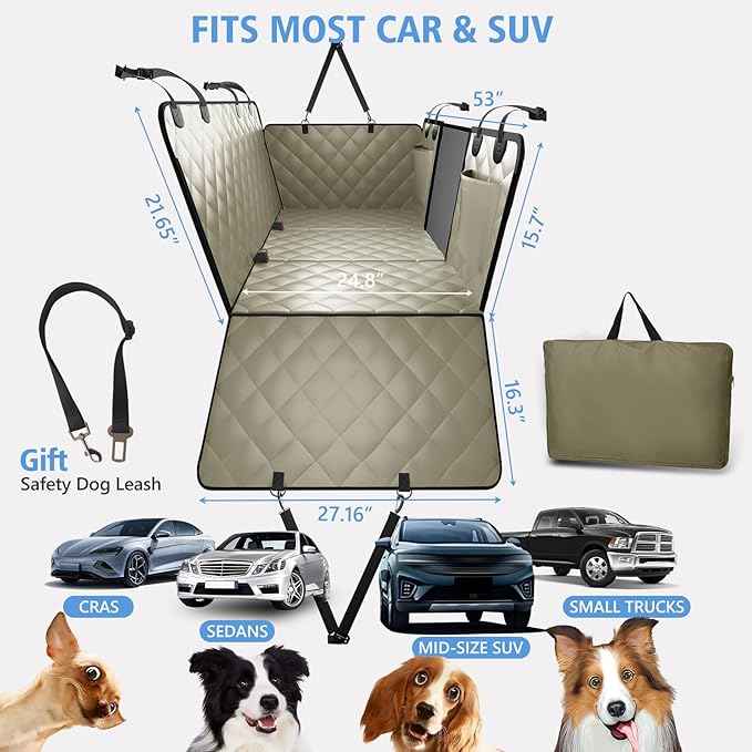 Back Seat Extender for Dogs, Dog Car Seat Cover for Back Seat Supports 420lbs, Hard Bottom Backseat Extender for Dogs, Waterproof Dog Hammock for Car, SUV, Truck Beige
