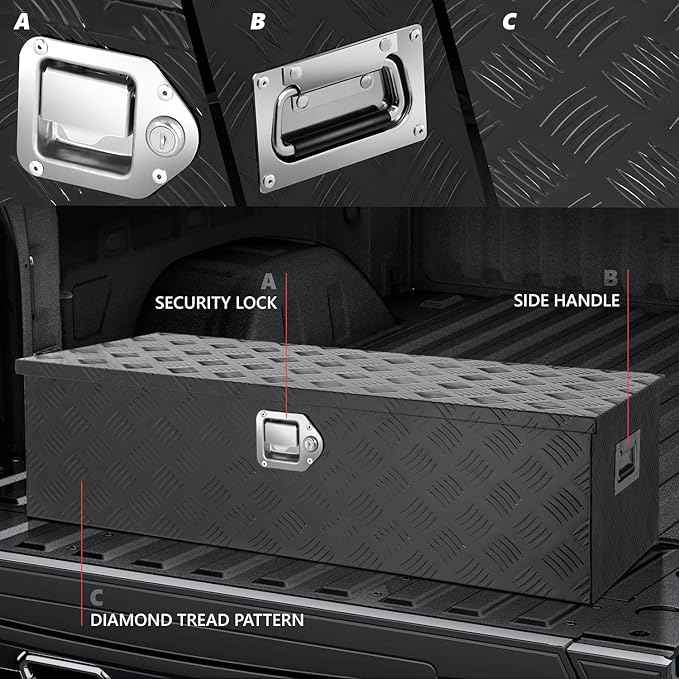 DNA MOTORING Aluminum Lockable Storage Box, Trailer Tongue & Truck Bed Tool Box w/Keys & Side Handle, Black Organizer w/Diamond Tread Pattern, 39"L x 13.3"W x 10"H, TBOX-T5-004-BK