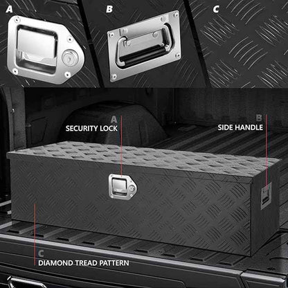DNA MOTORING Aluminum Lockable Storage Box, Trailer Tongue & Truck Bed Tool Box w/Keys & Side Handle, Black Organizer w/Diamond Tread Pattern, 39"L x 13.3"W x 10"H, TBOX-T5-004-BK