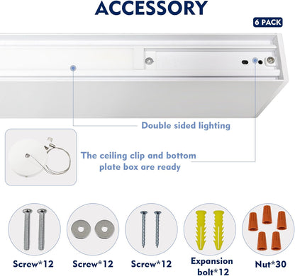 6PK 4FT LED Linear Light, 40W Down 15W Up Light, 3000/3500/4000/5000K CCT Selectable, Commercial Linear Lighting Fixture for Office, Dimmable Suspended Shop Lighting