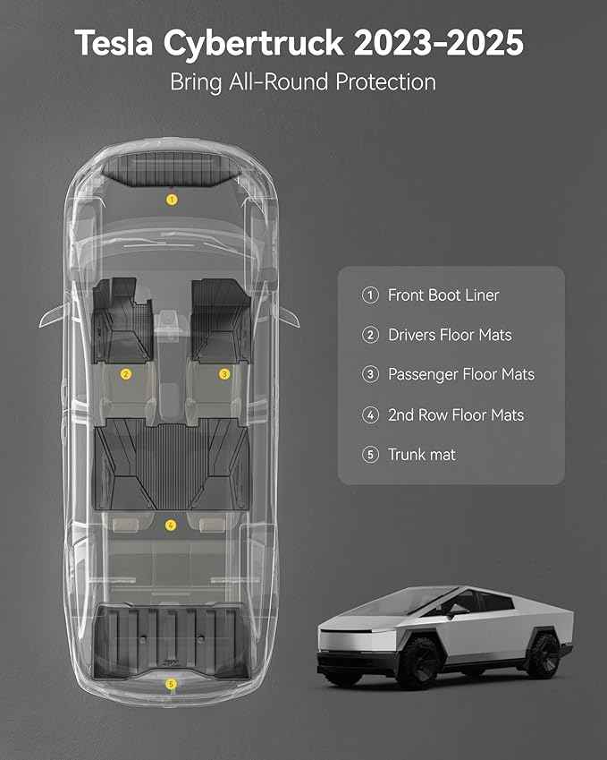 3W Floor Mats Set for Tesla Cybertruck 2023 2024 2025 2026, All Weather Protection Waterproof Frunk & Rear Cargo Liners, Custom TPE Cargo Trunk Accessories Mats for Tesla, Black