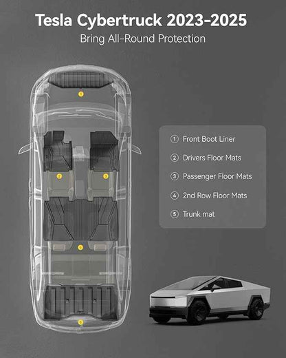 3W Floor Mats Set for Tesla Cybertruck 2023 2024 2025 2026, All Weather Protection Waterproof Frunk & Rear Cargo Liners, Custom TPE Cargo Trunk Accessories Mats for Tesla, Black
