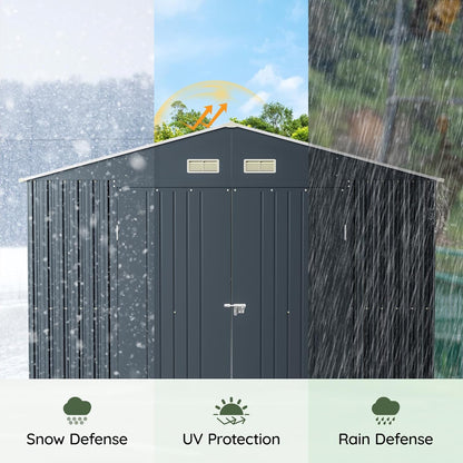 10x12 FT Outdoor Metal Storage Shed, Double Swing Doors, 2 Clear Windows, Replaceable Skylight Roof Panel, Tool Shed for Garden, Patio, Backyard