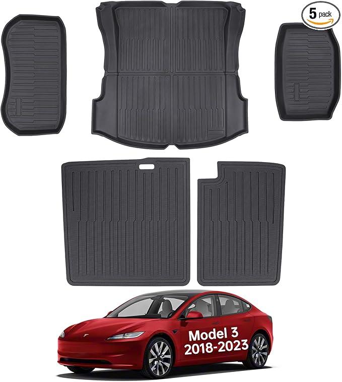 Cargo Mat Compatible with Tesla Model 3 2018-2023, Heavy-Duty TPE Trunk Liner Rear Seat Back Protector Model 3 Accessories Custom Fit Trunk Mat- 5PCS