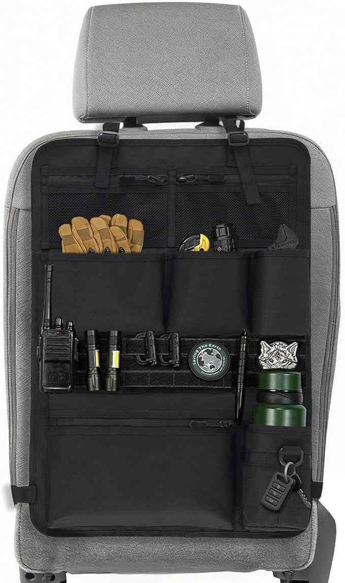 Tactical Car Seat Organizer with Multiple Pockets, MOLLE Panel System & Mesh Compartments, Durable Nylon Universal Vehicle Backseat Storage with Cup Holder, Water-Resistant (Black)