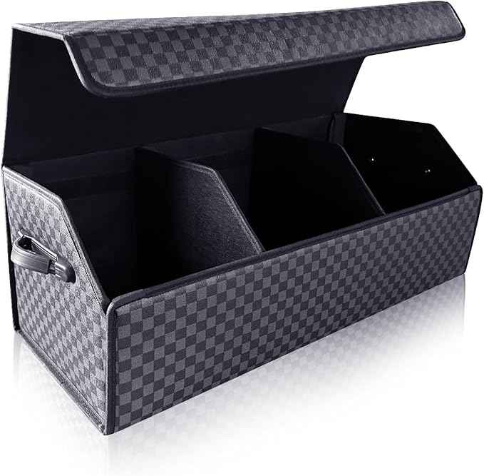 Trunk Organizer for SUV - Leather Storage Box, Extra Large, Magnetic Lid, Collapsible and Adjustable Car Organizer