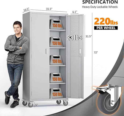 VINGLI 72'' Tall Garage Storage Cabinet, Metal Storage Cabinet with Pegboards, Wheels, Locking Doors and Adjustable Shelves (Gray, 32''W x 16''D x 72''H)