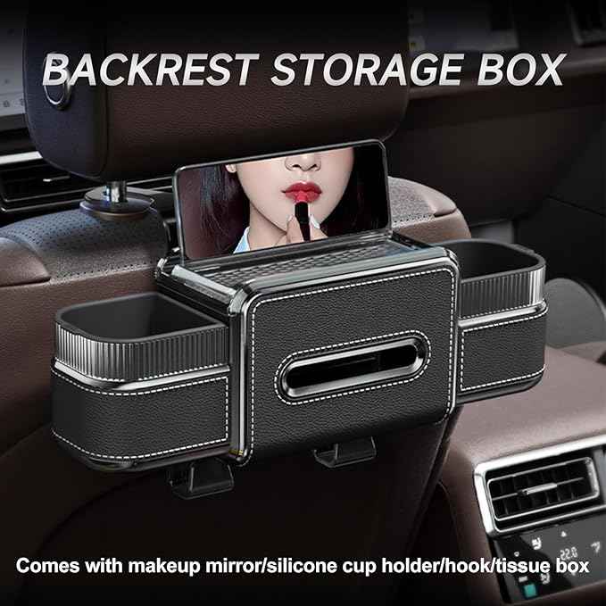 Multifunctional Car Seat Back Organizer Box with Drink Cup Holder, Makeup Mirror, Tissue Box& Hooks for Car Seat Back, New Upgrade Car Headrest Backseat Organizer Suitability for Wife, Girlfriend