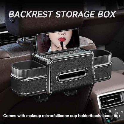 Multifunctional Car Seat Back Organizer Box with Drink Cup Holder, Makeup Mirror, Tissue Box& Hooks for Car Seat Back, New Upgrade Car Headrest Backseat Organizer Suitability for Wife, Girlfriend