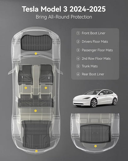 3W Tesla Model 3 Floor Mats 2026 2025 2024 with Mental Pedal, Full Set with Cargo Liner, Highland All Weather Custom Fit Rear Trunk Mat Accessories Black
