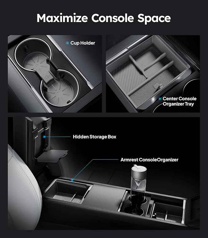 Wigoo Center Console Organizer for Tesla Model Y Juniper (Only Premium & Performance 2025 2026) and All Model 3 Highland Accessories [Double-Layer Storage, Smooth Sliding] 4PCS Gray