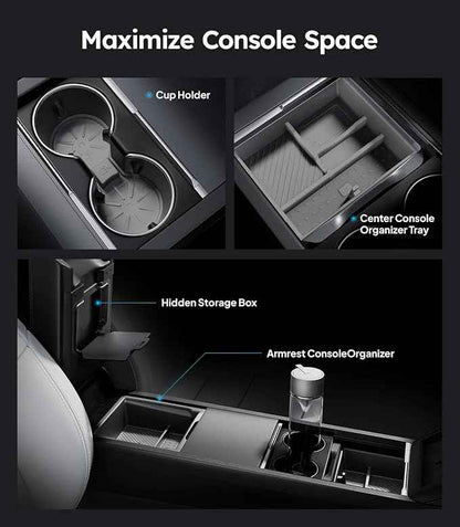 Wigoo Center Console Organizer for Tesla Model Y Juniper (Only Premium & Performance 2025 2026) and All Model 3 Highland Accessories [Double-Layer Storage, Smooth Sliding] 4PCS Gray