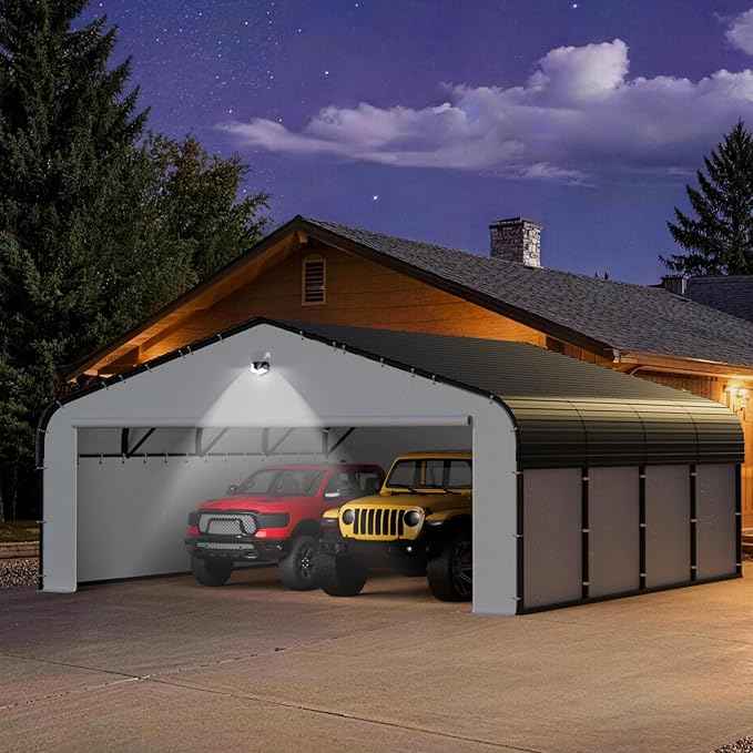20x20 Metal Carport, Heavy Duty 2-Car Carport Canopy, CarPorts with Removable Polyethylene Sidewalls, Galvanized Steel Roof Car Tent Garage
