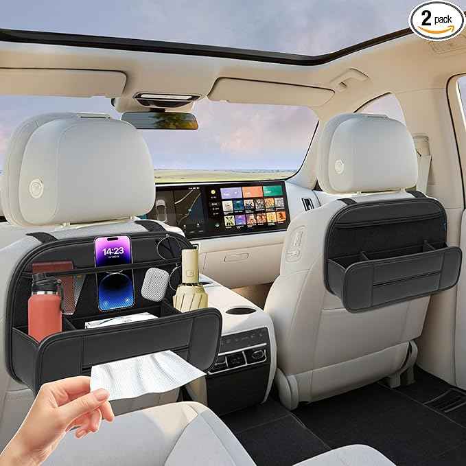 FLORICH Hanging Car Backseat Organizer, 5-in-1 Premium Leather Headrest Seat Back Storage with Cup Holder, Foldable Hanging Car Tissue Holder 2 Pack