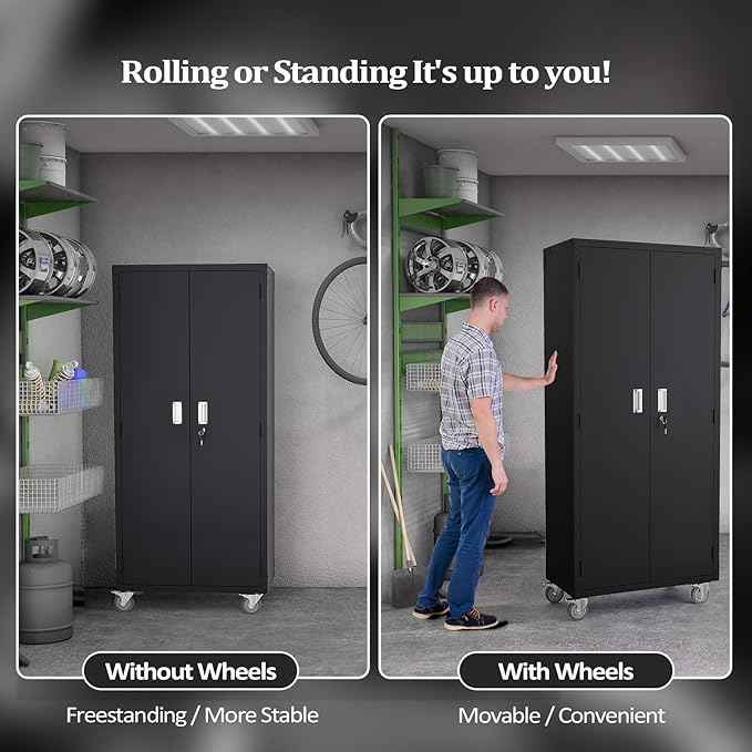 VINGLI 72'' Tall Garage Storage Cabinet, Metal Storage Cabinet with Pegboards, Wheels, Locking Doors and Adjustable Shelves (Black, 32''W x 16''D x 72''H)
