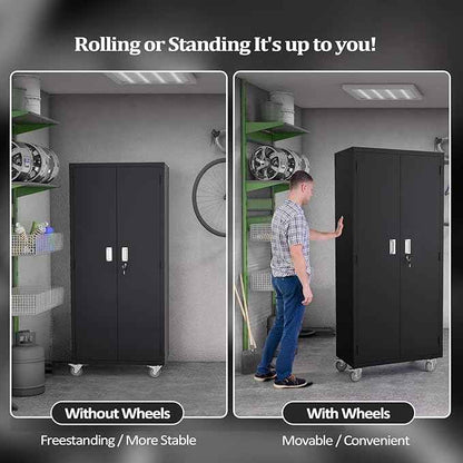 VINGLI 72'' Tall Garage Storage Cabinet, Metal Storage Cabinet with Pegboards, Wheels, Locking Doors and Adjustable Shelves (Black, 32''W x 16''D x 72''H)