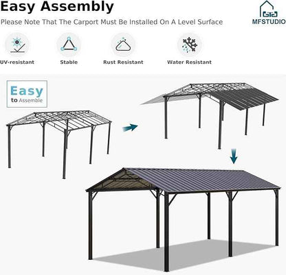 MFSTUDIO Carport 10x20 ft, Outdoor Heavy Duty Metal Shed Carports, Metal Garage Car Shelter Shade Car Port with Galvanized Roof, Frame and Bolts for Cars, Truck and Boats