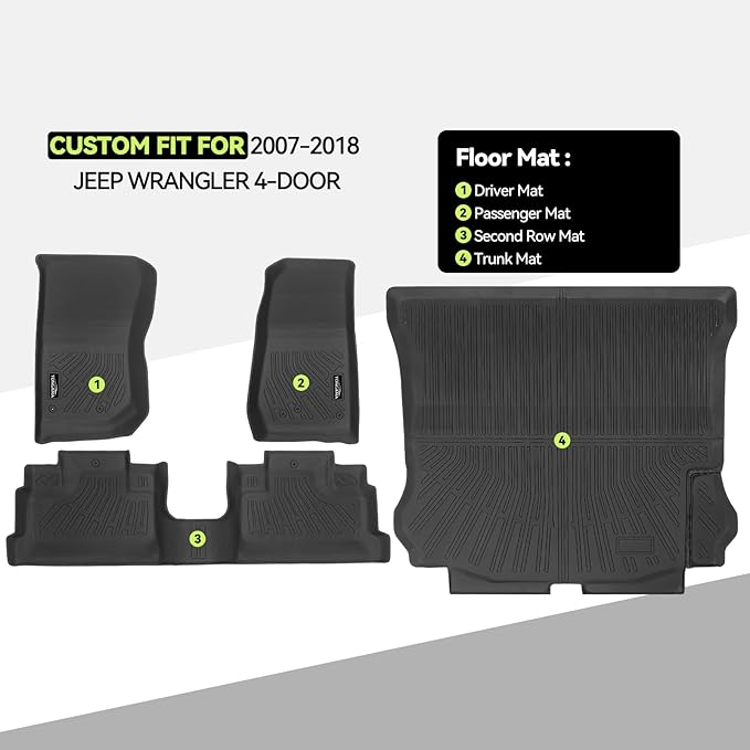 Tongama-Floor Mats for 2007-2018 Jeep Wrangler JK Unlimited 4-Door (NOT for JL/2-Door), All Weather TPE Floor Liners and Trunk Mat for Wrangler 4-Door Interior Waterproof Accessories