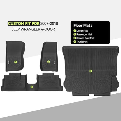 Tongama-Floor Mats for 2007-2018 Jeep Wrangler JK Unlimited 4-Door (NOT for JL/2-Door), All Weather TPE Floor Liners and Trunk Mat for Wrangler 4-Door Interior Waterproof Accessories