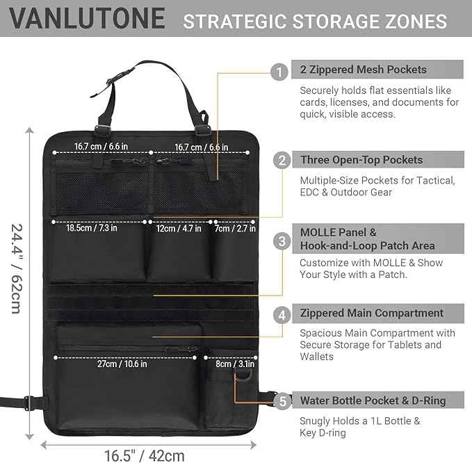 Tactical Car Seat Organizer with Multiple Pockets, MOLLE Panel System & Mesh Compartments, Durable Nylon Universal Vehicle Backseat Storage with Cup Holder, Water-Resistant (Black)