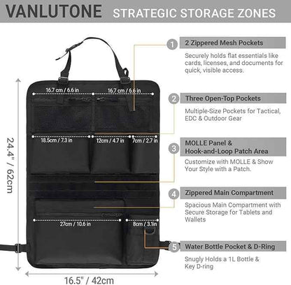 Tactical Car Seat Organizer with Multiple Pockets, MOLLE Panel System & Mesh Compartments, Durable Nylon Universal Vehicle Backseat Storage with Cup Holder, Water-Resistant (Black)