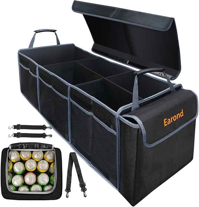 Collapsible Trunk Organizer with Insulated Leakproof Cooler Bag,Removable Lid,Adjustable Securing Straps,3 Compartments Trunk Organizer for SUV,Truck,Sedan(Grey & Black)