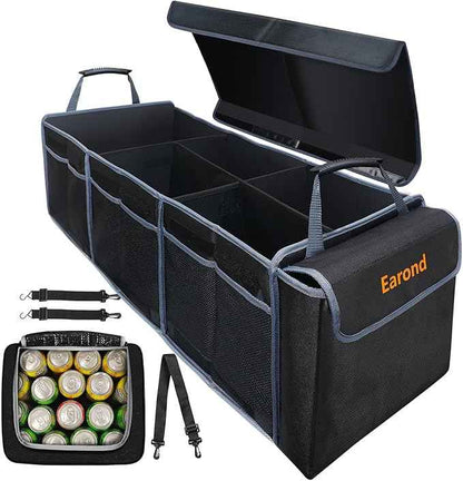 Collapsible Trunk Organizer with Insulated Leakproof Cooler Bag,Removable Lid,Adjustable Securing Straps,3 Compartments Trunk Organizer for SUV,Truck,Sedan(Grey & Black)