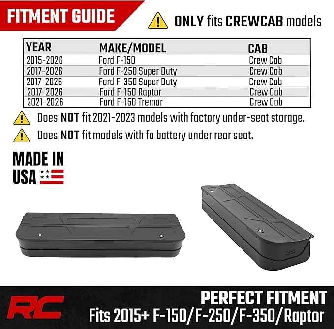 Rough Country Under Seat Storage for Ford F-150/F-250/F-350/Raptor Crew Cab (2015-2026) - Custom Rear Under Seat Organizer Tray with Lockable Lid