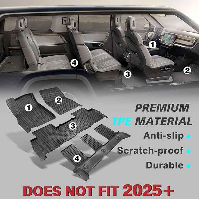 BestEvMod All Weather Floor Mats Compatible with Rivian R1S 2025 2026 Anti-Slip 3D Pattern TPE Heavy Duty Rubber Waterproof Non-Slip Floor Liner 1st & 2nd & 3rd Rows Set Gen 2 Accessories (2025+ R1S)