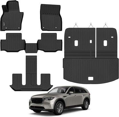 Tongama-Floor Mats for 2024 2025 2026 Mazda CX-90 7 Seats/Captain Seat, All Weather TPE Floor Liners and Trunk Mat with Backrest Mat Protectors for Mazda CX-90 Waterproof Interior Accessories