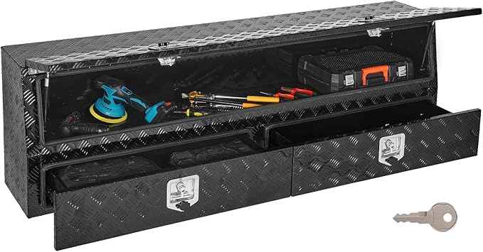 VEVOR Contractor Truck Tool Box, 72 x 21 x 13 in, Black Tread Aluminum TopSider Toolbox with Two Lower Drawers, Flip Up Door, Weather-Resistant Heavy Duty Storage Box with Latch, for Truck Bed Pickup