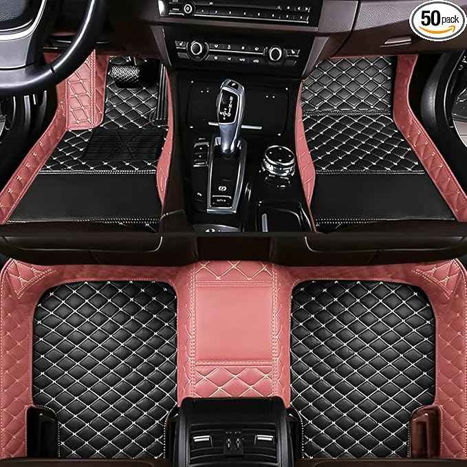 Custom Car Floor Mats for 99.99% Sedan SUV Sports Car Men Women Protection Full Coverage Pads Anti-Slip Leather Floor Lining All Weather Car Floor Mats (Edge Pink, Black, Beige)
