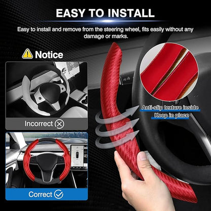 Steering Wheel Cover for Telsa Model 3/Model Y Accessories Carbon Fiber Steering Wheel Cover Protector Anti-Slip, Comfortable Grip, Breathable, Model 3/Y Accessories, Red