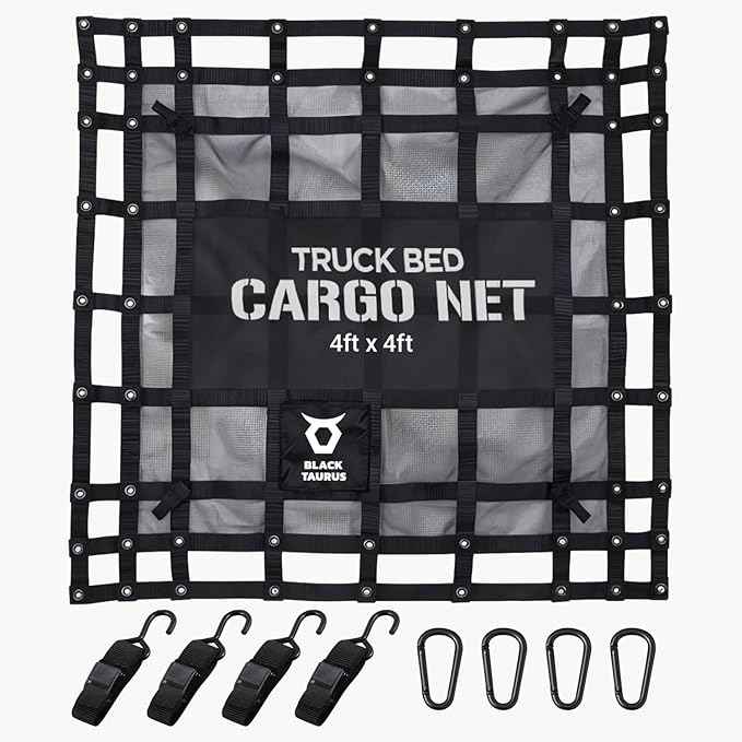 Heavy Duty Mesh Cargo Net – Stretchable Mesh Cargo Net for Trailer, Roof Rack, Pickup Truck, and ATV - Truck Bed Netting for Secure Load with 4 Adjustable Straps - 4 ft x 4 ft