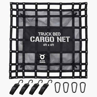 Heavy Duty Mesh Cargo Net – Stretchable Mesh Cargo Net for Trailer, Roof Rack, Pickup Truck, and ATV - Truck Bed Netting for Secure Load with 4 Adjustable Straps - 4 ft x 4 ft