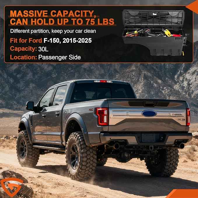 GEARLAST Truck Bed Storage Box With Password Lock Fit for Ford F-150 2015-2025, Passenger Side,30L, Black