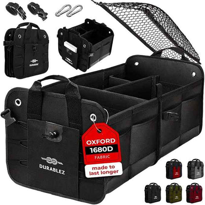 2-Section Trunk Organizer Foldable Car Storage Bin – Compact Dual-Compartment Auto Organizer with Cover Net, Non-Slip Pads, Heavy Duty Oxford 1680D – Black