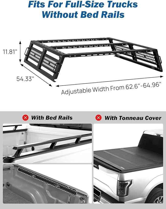 JOYTUTUS Full Size Truck Bed Rack, Overland Bed Racks for Trucks Compatible with F150 F250 F350 Silverado Sierra Ram, 11.8 Inch High Truck Bed Rack for Roof Top Tent, with Wider Molle Panel