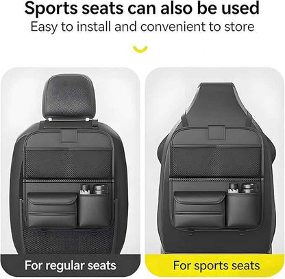2 Pack Universal Premium Leather Foldable Car Backseat Organizer with Table Tray, Seat Back Protector with Touch Screen Pad Phone Holder, Car Storage Pockets Tissue Box with School Bags Hooks