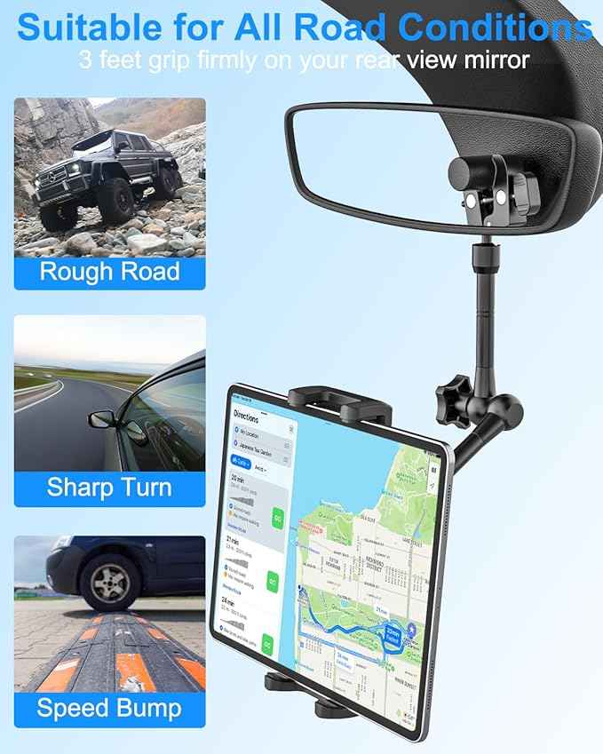 Tablet Mount for Car, Car Rear View Mirror Tablet Phone Holder, [Metal Adjustable Arm] Truck Rearview Mirror Clip for iPad Pro Air Mini, Galaxy Tab, iPhone 16 and 4.7-12.9" Devices